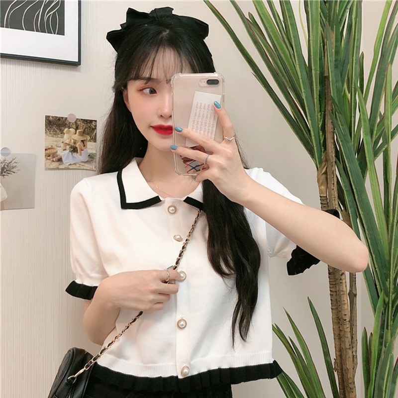 Áo kiểu dáng croptop phối cúc chun eo nữ tính, Áo cardigan len tăm mỏng nhẹ phong cách Ulzzang C23 - Lana