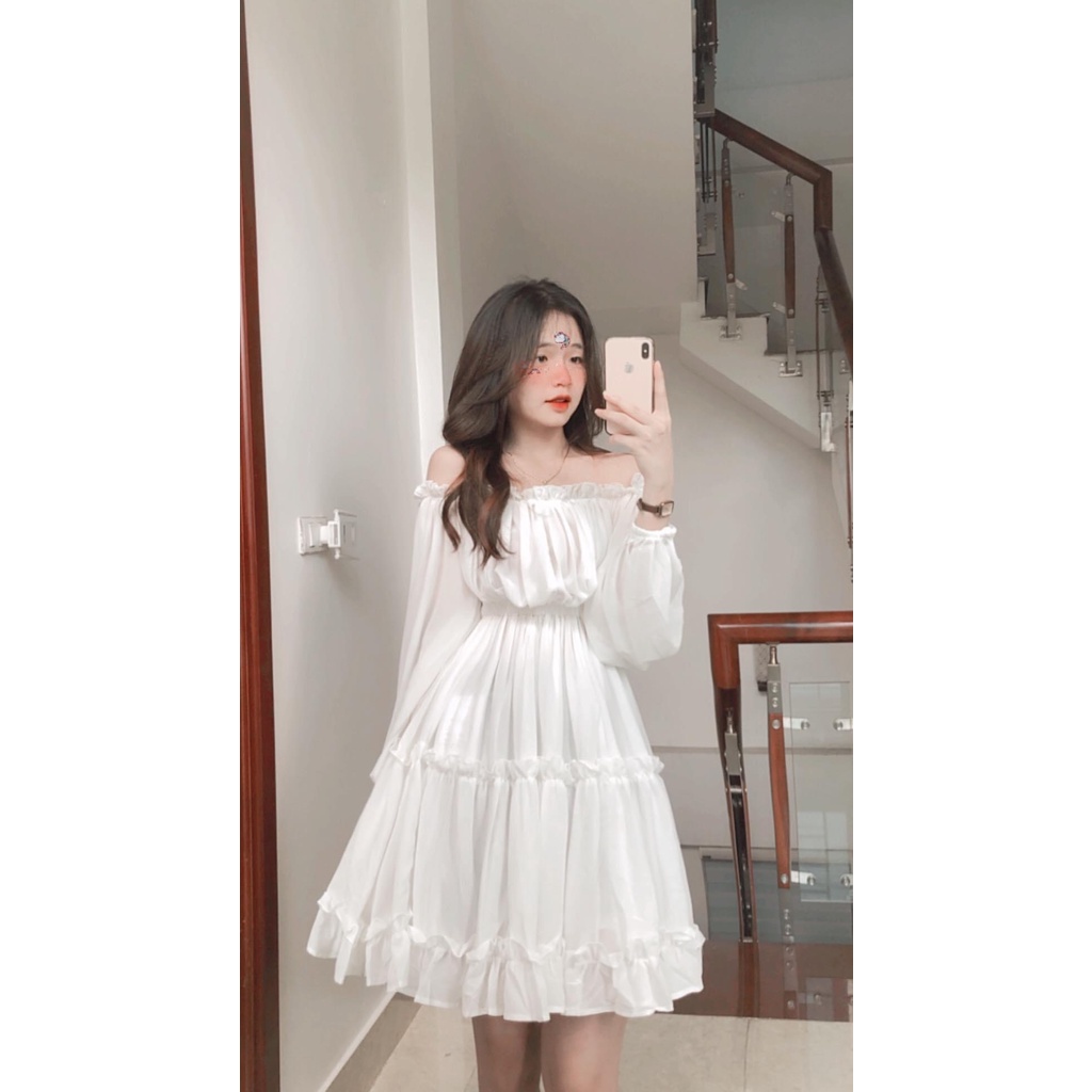 Váy kiểu tiểu thư V.091, Váy trắng trễ vai dây nơ chéo dài tay chun eo 2 lớp 3 tầng bèo ngang chảnh xả