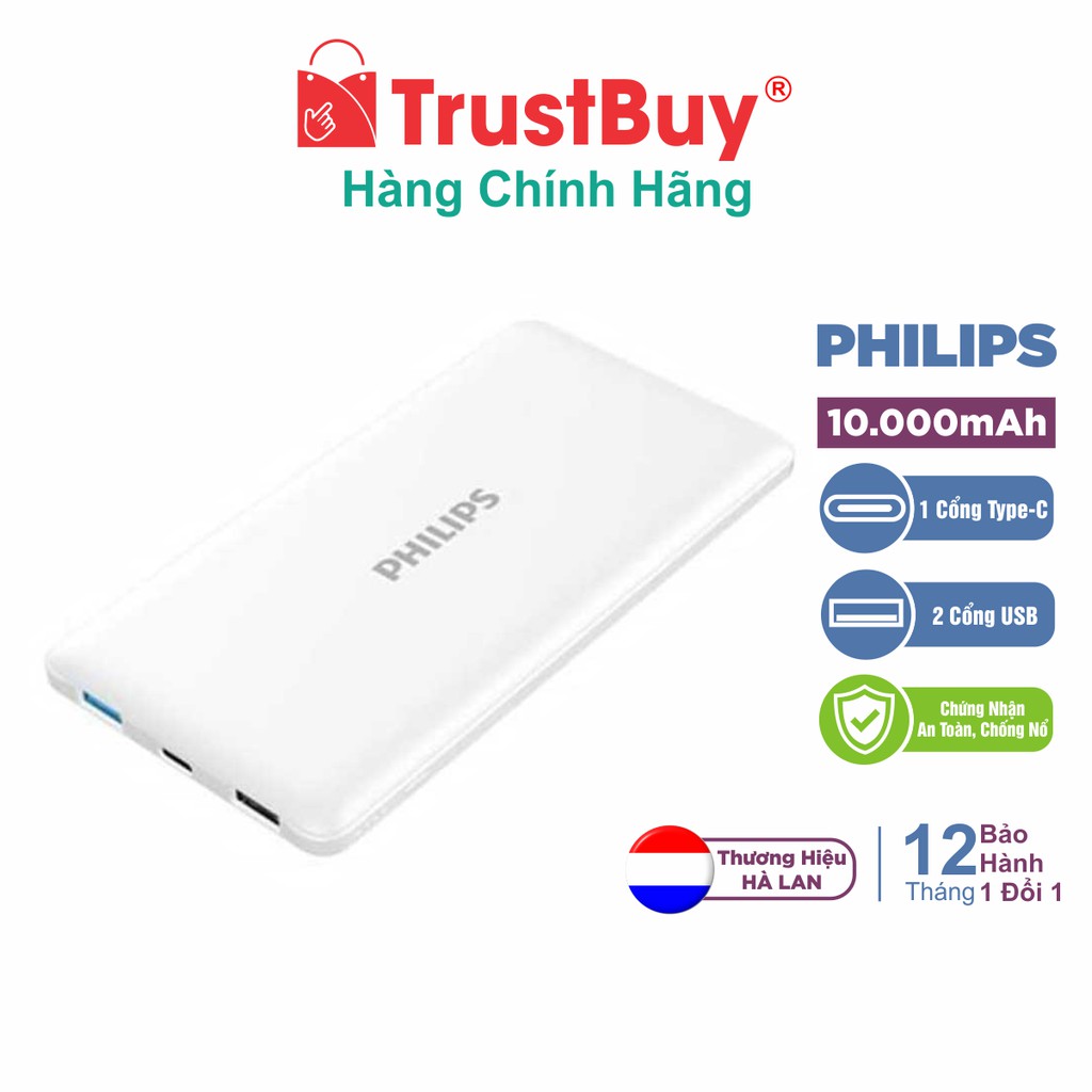 Pin Sạc Dự Phòng 10.000mAh PHILIPS PORTABLE 2 Cổng USB, Type-C 12W - DLP6712NW/11 - White - Hàng Chính Hãng