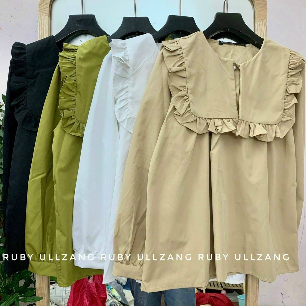 Áo Sơ mi Cổ Bèo Tay Phồng  phong cách tiểu thư,  bánh bèo, dáng babydoll 4 màu đen, trắng, xanh,nâu