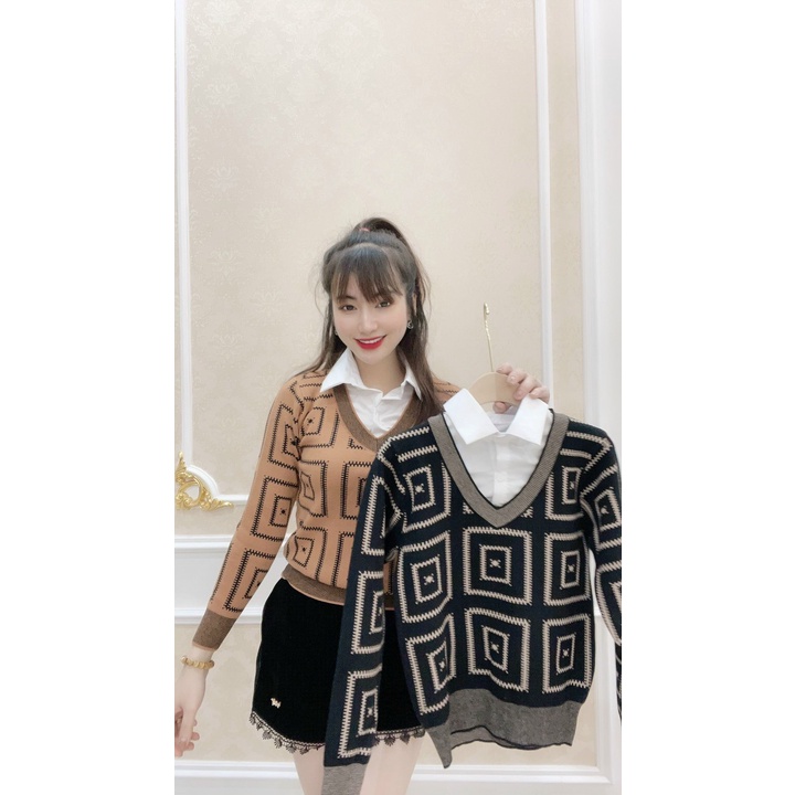 Áo len nữ tay dài, áo len kẻ ô phối cổ sơ mi siêu dễ thương chất len mềm mịn kiểu dáng gọn gàn form dễ mặc dễ phối đồ