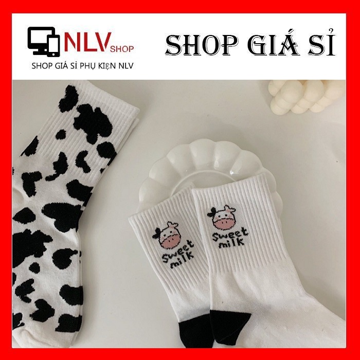 Tất cổ cao, vớ cổ cao nữ họa tiết bò sữa dễ thương vải cotton thời trang Hàn Quốc