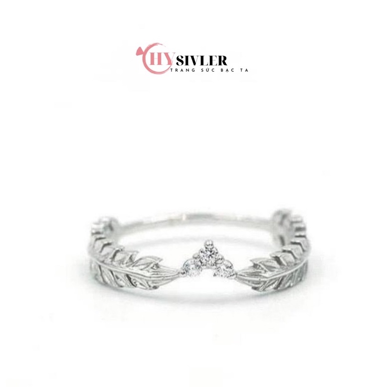 Nhẫn bạc ta hình lá nguyệt quế dày dặn đính đá nhỏ xinh nhẫn nữ bạc thật