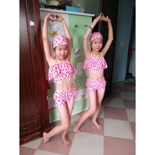 Bikini Áo tắm hai mảnh cho bé gái màu hồng hoa dâu tây dễ thương