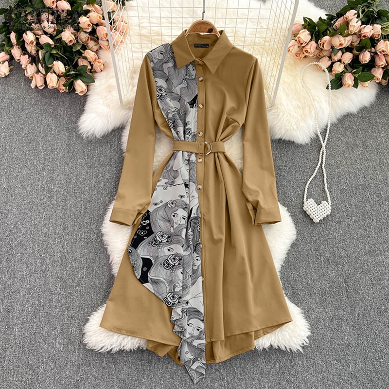Đầm maxi ZANZEA dáng rộng tay dài cổ bẻ chắp vải in họa tiết độc đáo phong cách thanh lịch cho nữ