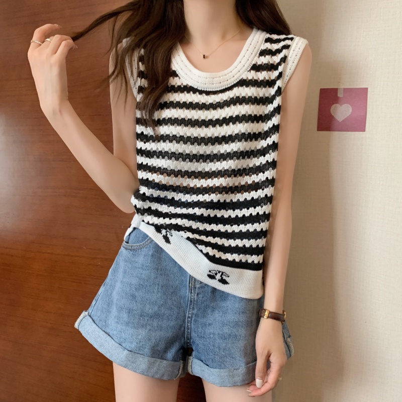 Áo thun ZHELIHANGFEI dệt kim không tay họa tiết cherry kẻ sọc thời trang xinh xắn