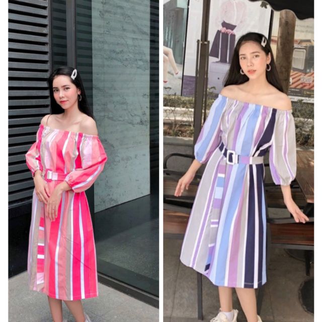Đầm sọc suông bẹt vai