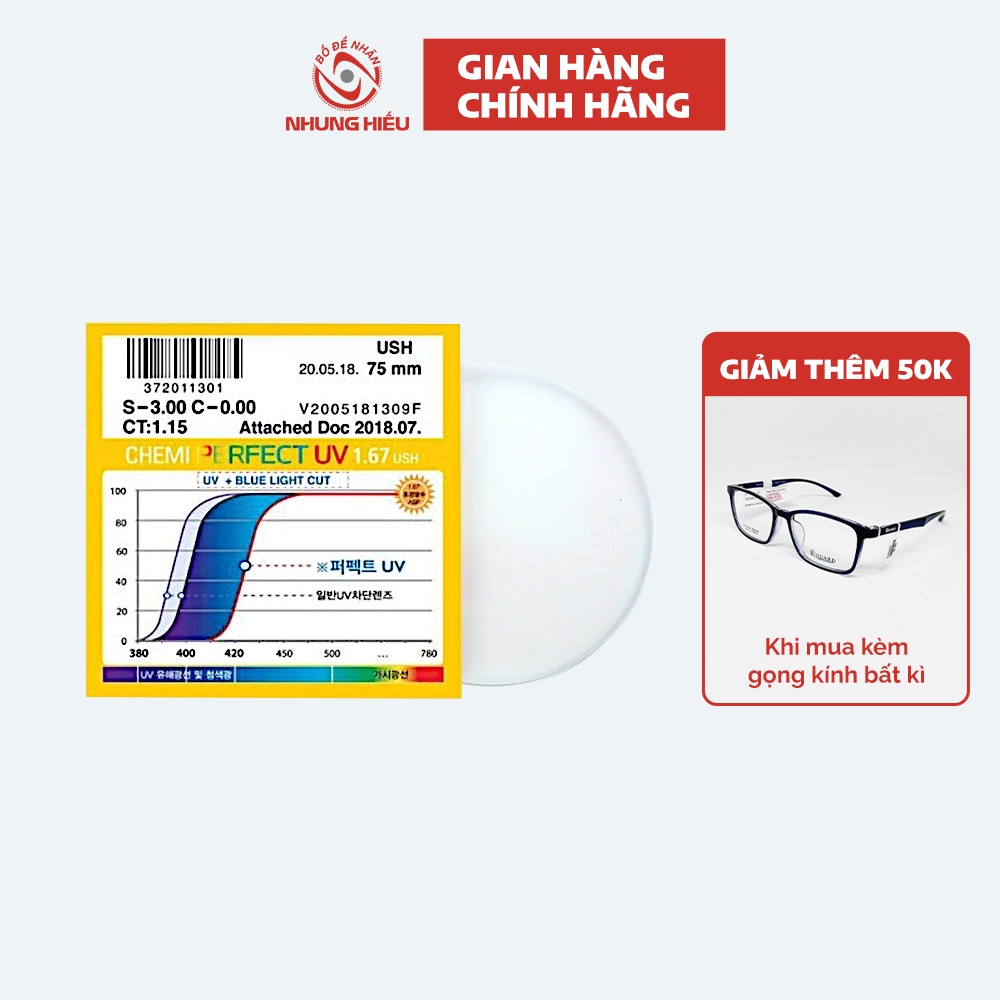 Tròng kính siêu mỏng NHUNG HIẾU CHEMI 1.67 U6 chống ánh sáng xanh, tia UV, chống loá - GIẢM 50K KHI MUA KÈM GỌNG