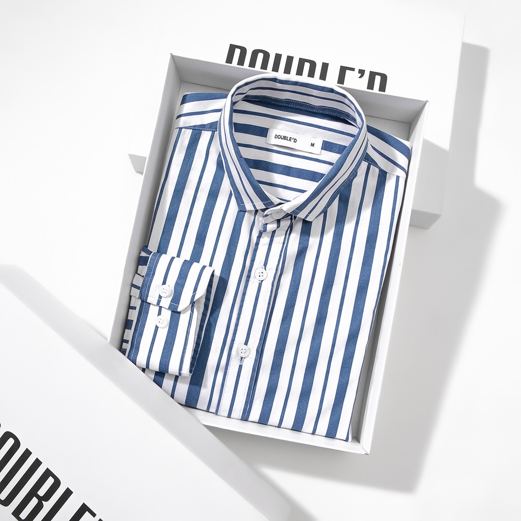Áo sơ mi nam cổ bẻ DOUBLE'D kẻ sọc dáng ôm chất vải chống nhăn chống xù SST | BigBuy360 - bigbuy360.vn