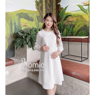 Váy bầu trắng tay ren cổ ngọc