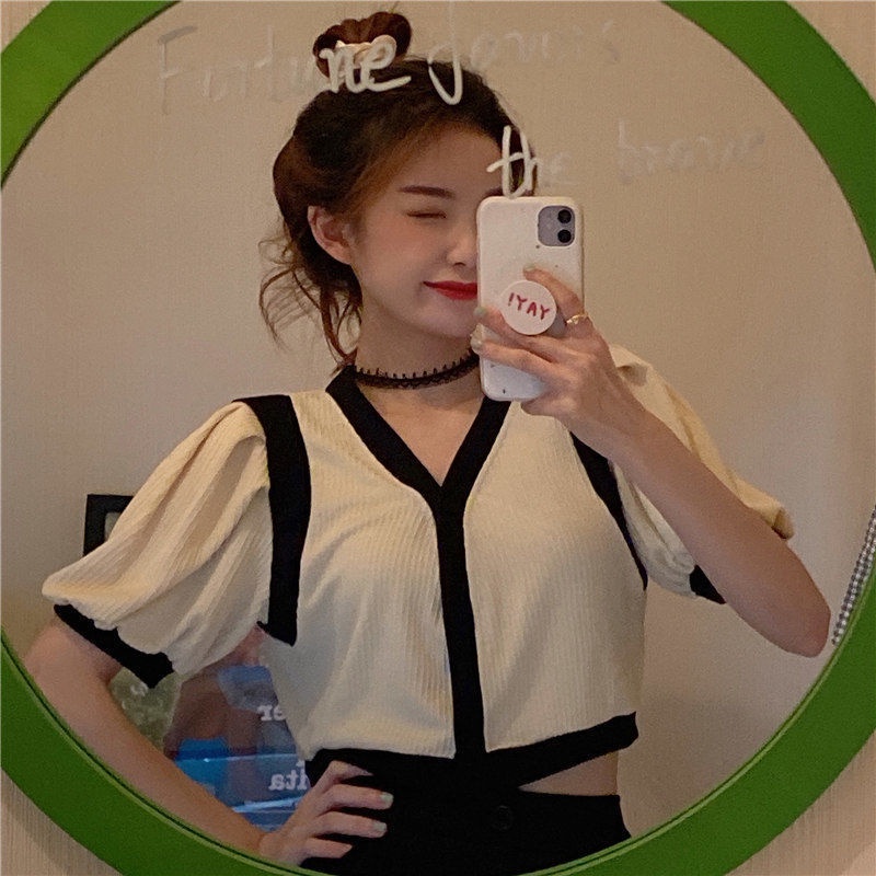 Áo Thun Dệt Kim Mỏng Tay Ngắn Cổ Chữ V Phối Màu Sắc Tương Phản Thời Trang Mùa Hè Cho Nữ