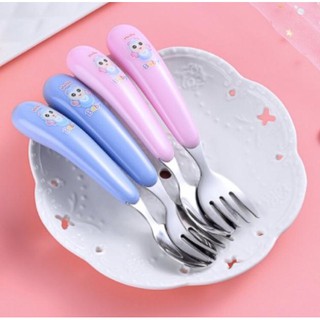 Bộ muỗng nĩa inox cán nhựa tay béo cho bé ăn dặm