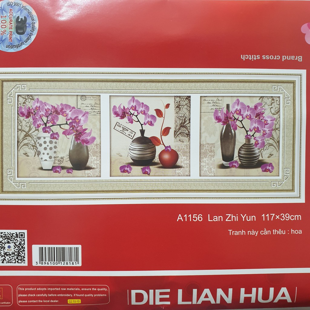 Tranh Thêu Chữ Thập BỘ 3 BỨC HOA LAN HỒ ĐIỆP. Kích Thước: 1m17 x 39cm