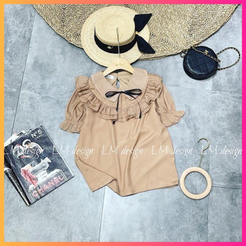 Áo sơ mi tơ cổ sen bèo nhún cộc tay xinhh, Áo sơ mi bánh bèo kèm nơ - MOONMY | BigBuy360 - bigbuy360.vn