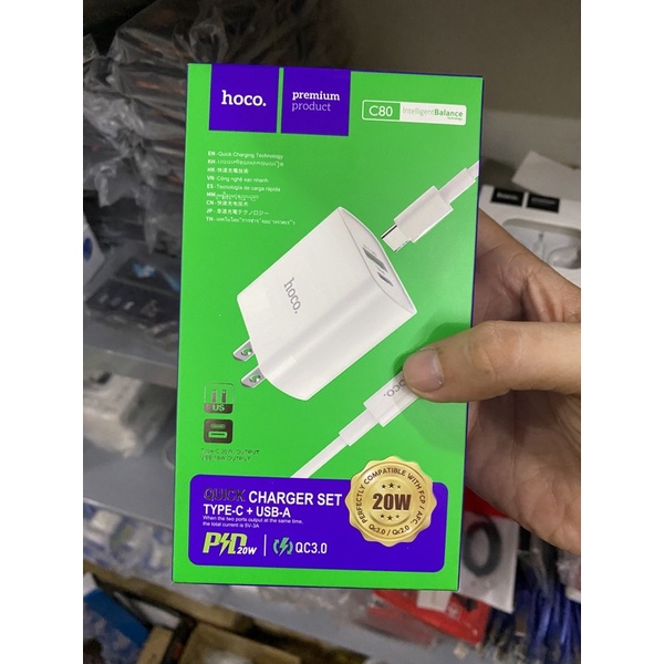 Bộ củ sạc nhanh lỗ cắm Type-C kèm cáp Hoco c80 PD 20w QC3.0 cho ip/tablet