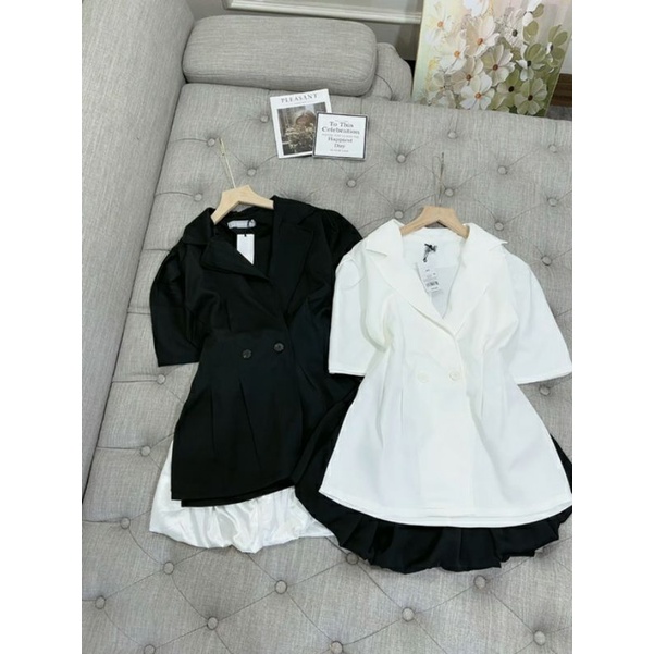 Sét áo vest cúc tay bồng xếp ly eo mix chân váy lụa bom xoè | BigBuy360 - bigbuy360.vn