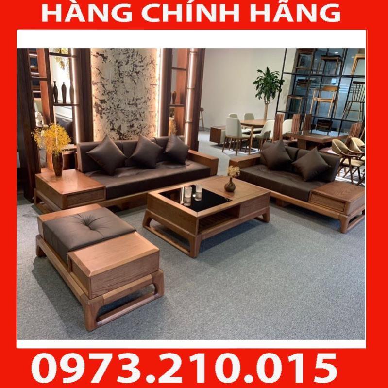 Bộ sofa 2 văng chân quỳ gỗ sồi nga cao cấp, bàn ghế sofa phòng khách hiện đại
