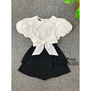 [ MÃ 323 ] ÁO CỘT NƠ TAY PHỒNG + VÁY DẬP LI