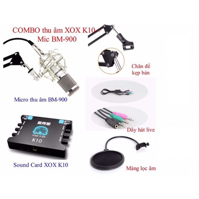 Combo Bộ Live Tream Xox K10 , Mic BM900 Woaichang , Tai Nghe, Kẹp , Màng Lọc , dây live và đầy đủ dây kết nối