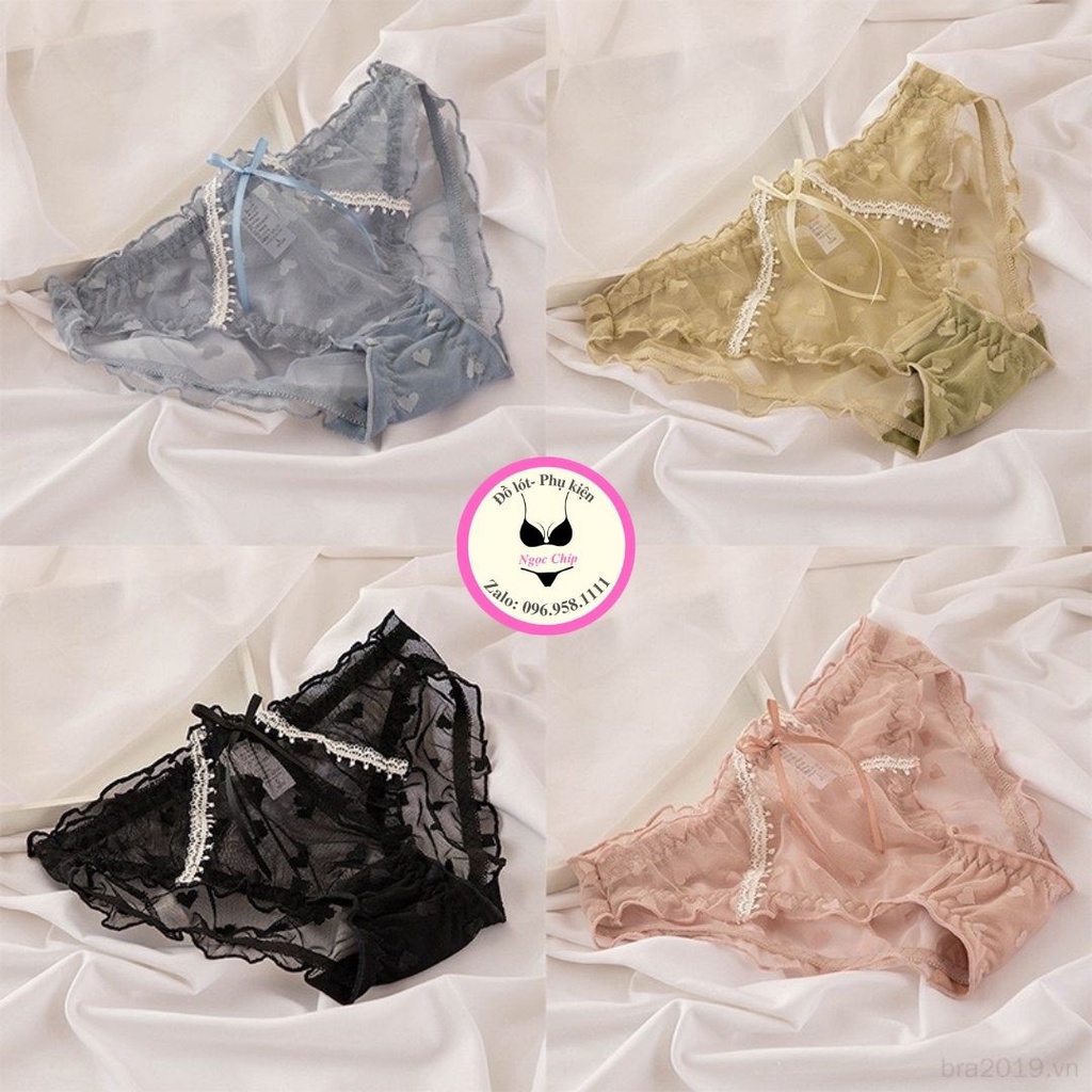 Quần lót nữ ren lưới sexy cao cấp, quần lót kháng khuẩn hoạ tiết trái tim đính nơ xinh Nđ10