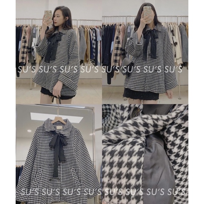 Áo dạ nơ đen hoạ tiết răng sói - Áo khoác dạ form vừa