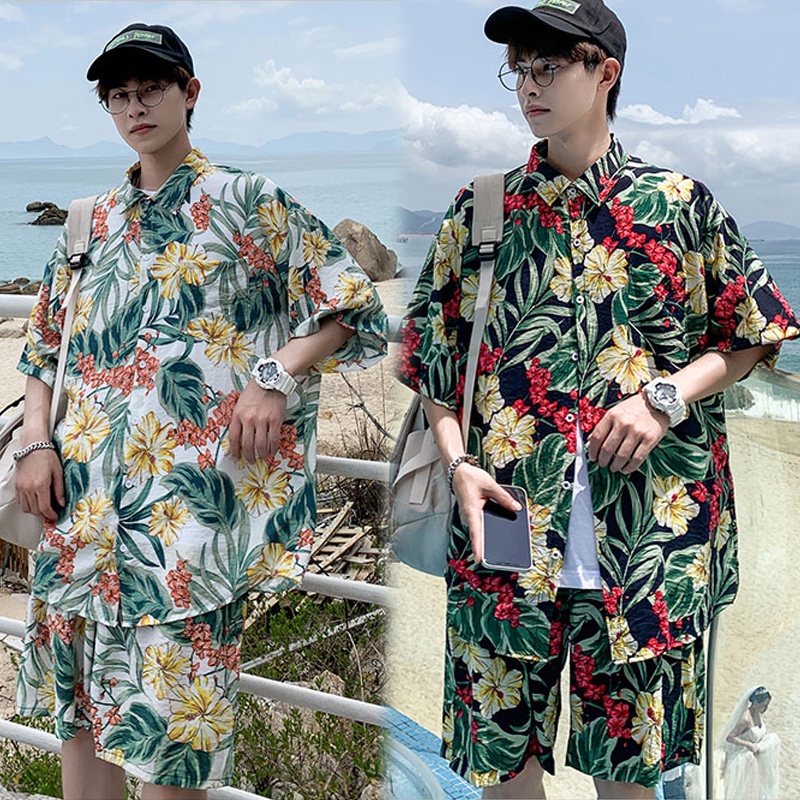 (Hai chiếc) Áo sơ mi Hawaii hoa cho nam, Cỡ lớn rộng rãi, Bộ đồ thể thao thông thường Ice Silk, Quần short đi biển dành