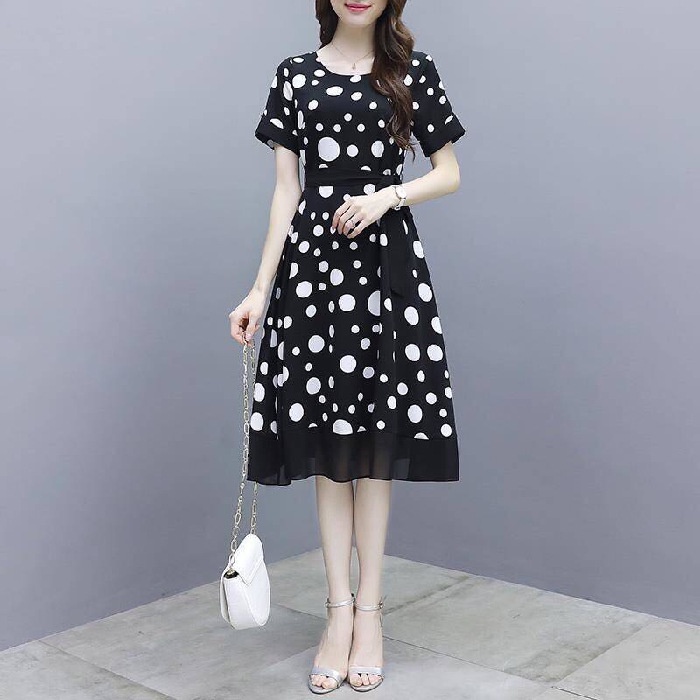 Đầm Tay Ngắn Cổ Tròn Dáng Ôm In Họa Tiết Chấm Bi Phong Cách Hàn Quốc Thời Trang Mùa Hè Xinh Xắn Cho Nữ