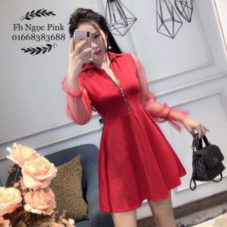 đầm xòe dây khóa tay lưới dài