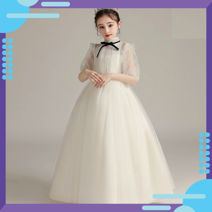Váy công chúa bé gái thiết kế cao cấp cho bé đi dự tiệc phù dâu siêu xòe màu trắng tay phồng nơ đen DBG063