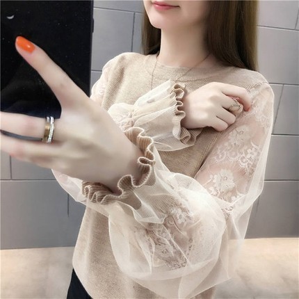 Áo sweater Dệt Kim Tay Phồng Phối Ren Lưới Phong Cách Hàn Quốc Dễ Phối Đồ Cho Nữ