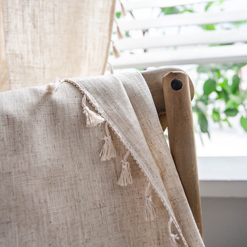 Rèm Cửa Sổ Vải Lanh Polyester Họa Tiết Tre Phối Tua Rua Trang Trí Phòng Khách / Phòng Ngủ
