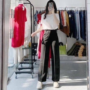 Quần ống rộng lưng cao nữ vải mềm khóa trước công sở màu đen trơn dáng dài - Quần tây ống suông nữ cạp cao đi học sinh