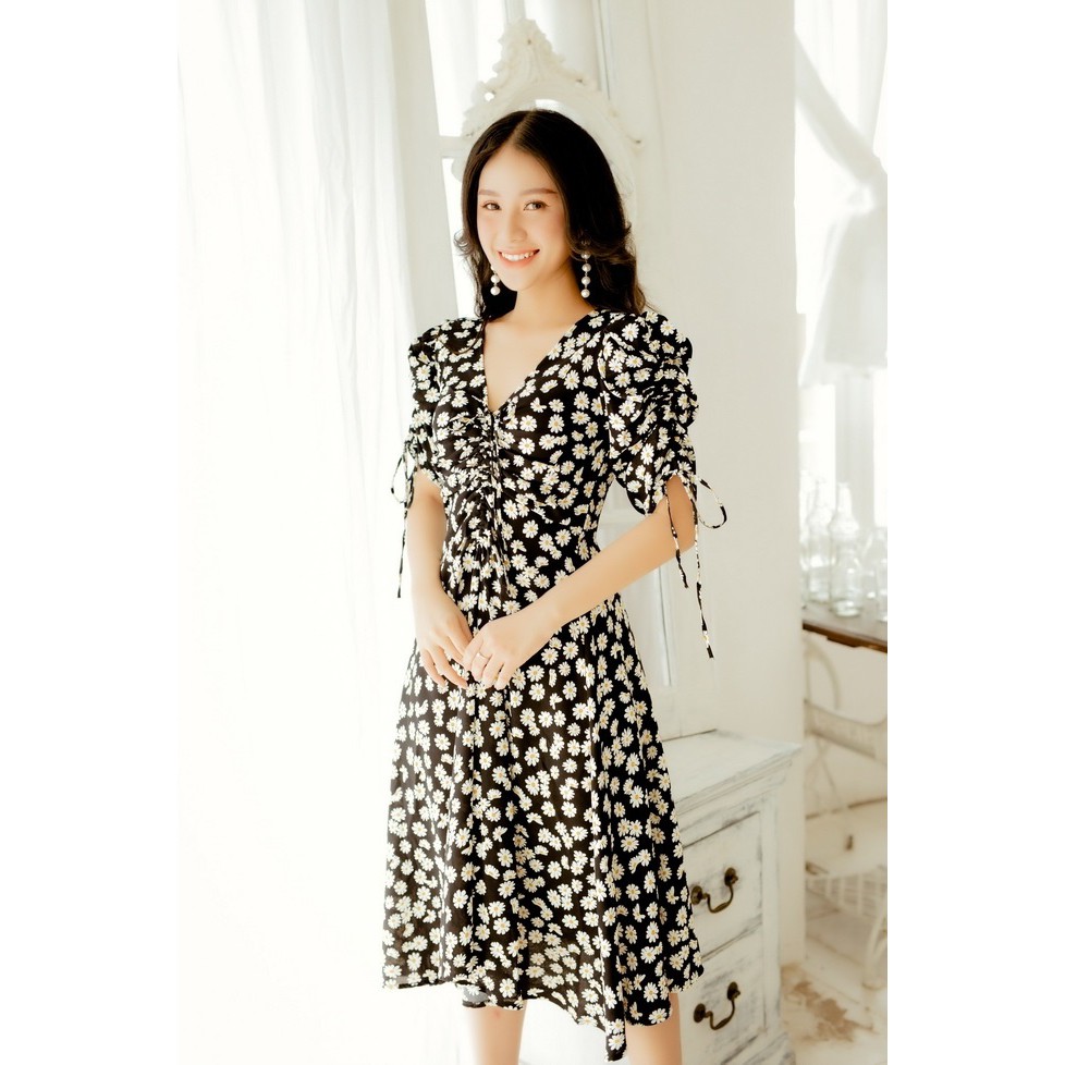 Đầm xòe Midi cotton đũi hoa nhí vintage nhúng rút dây tay ngực (có nhiều size)