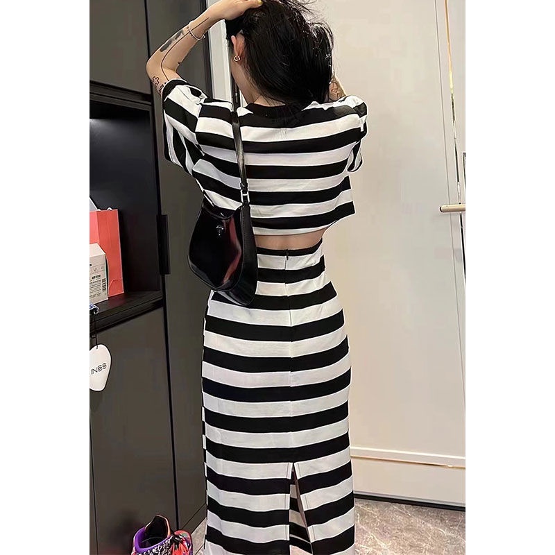 Cổ Phiếu Sẵn Sàng❤Ah F &amp; X Áo Thun Dài Tay Phồng Hở Vai Kẻ Sọc Phong Cách Hàn Quốc Thời Trang Mùa Hè 2022 Cho Nữ