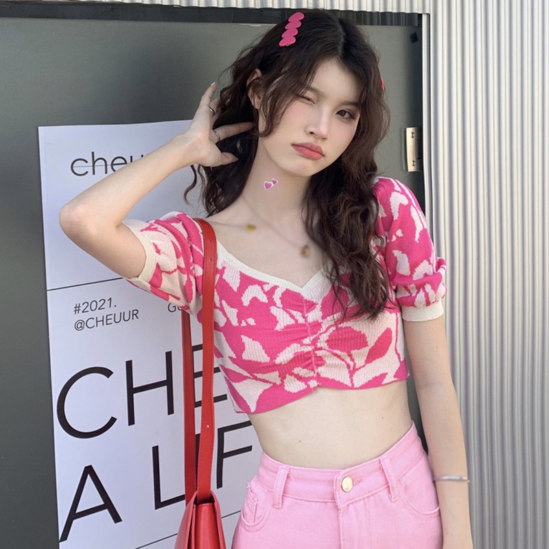 Áo Thun Dệt Kim Tay Ngắn Cổ Chữ V Dáng Ôm In Họa Tiết Kiểu Hàn Quốc Quyến Rũ Cho Nữ