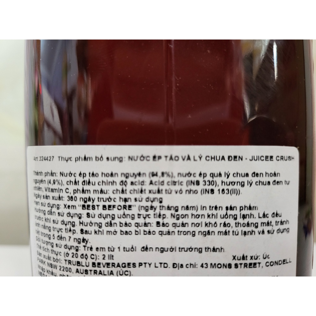 [Bình 2 Lít] NƯỚC ÉP TÁO &amp; TRÁI LÝ CHUA ĐEN [Australia] JUICEE CRUSH Apple &amp; Blackcurrant Juice
