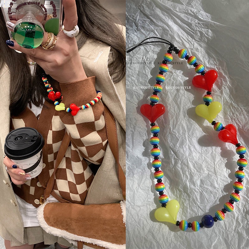 Dây Đeo Điện Thoại Bằng Acrylic Mềm Chống Thất Lạc Đính Hạt Ngọc Trai Màu Cầu Vồng Dễ Thương