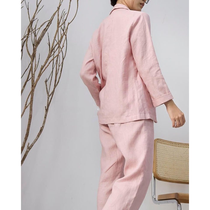 Set bộ 3 món vest blazer Linen ve vuông công sở + Quần ống rộng + Áo 2 dây trẻ trung - Hồng phấn