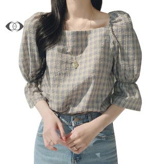 Áo Sơ Mi Tay Lửng Cổ Vuông Buộc Dây Họa Tiết Kẻ Sọc Nhiều Màu Sắc Phong Cách Hàn Quốc Dễ Phối Đồ Thời Gian