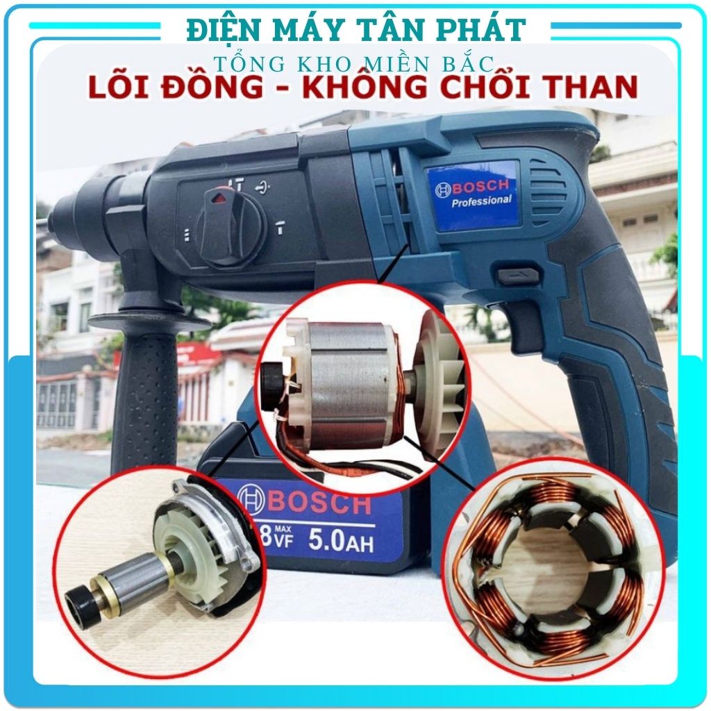 Máy khoan đục tường bê tông cầm tay dùng Pin BOSCH 118V, 3 Chức Năng chính hãng giá rẻ