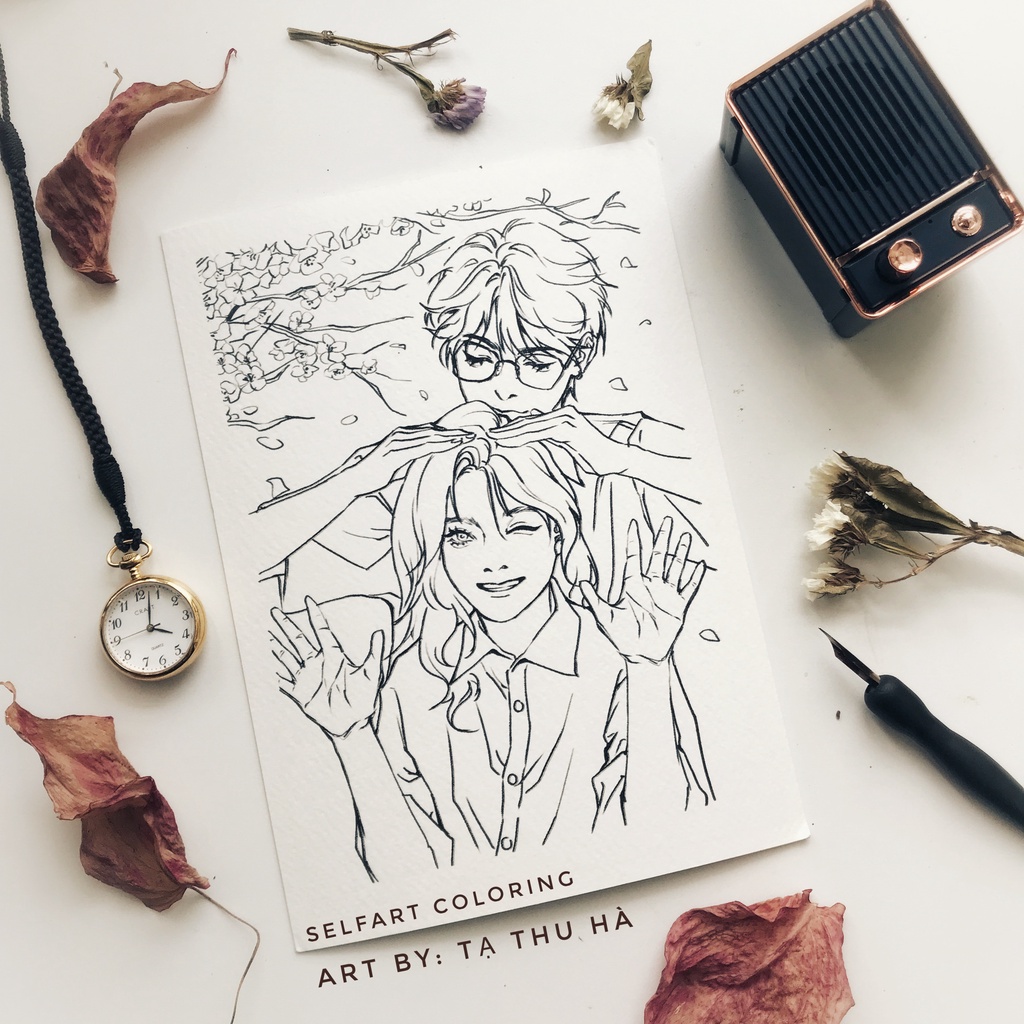 [rysearthub]Tranh tô màu lineart Valentine - Tạ Thu Hà - 3 tranh, giấy 300gsm, coldpress, quà tặng lễ tình nhân, kỉ niệm