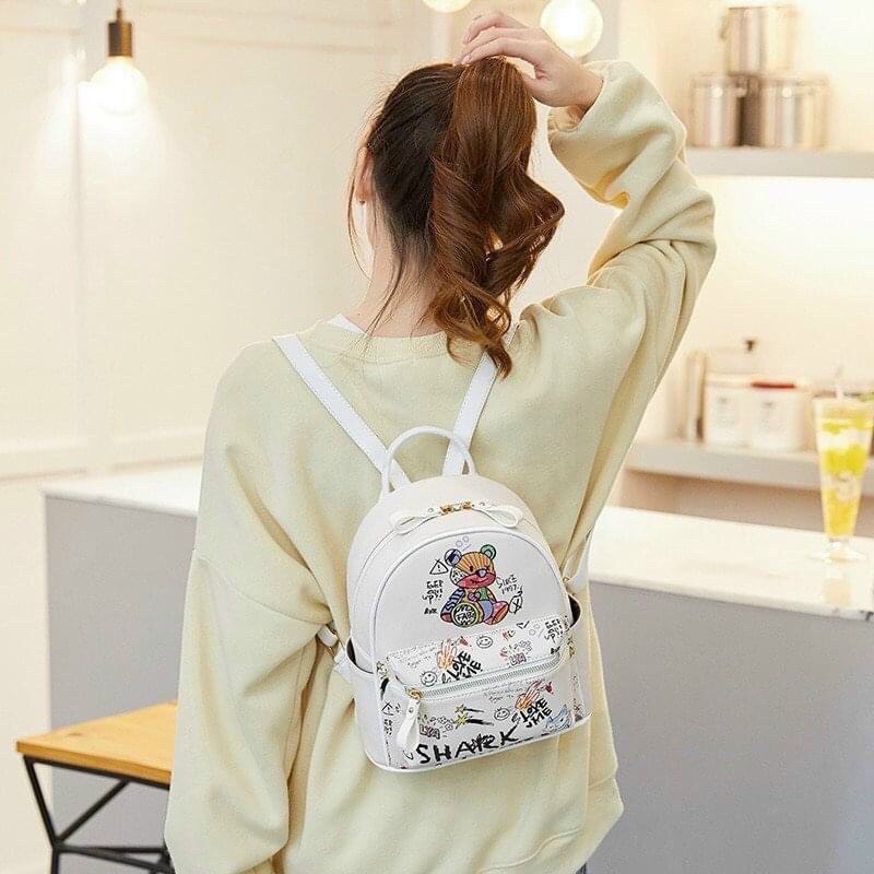 Balo nữ trắng hoạ tiết sz 30 , balo mini hoạt hình dễ thương