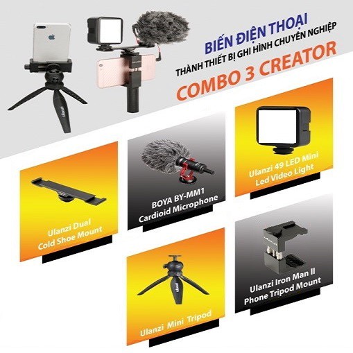 Phụ kiện Vlog - Bộ phụ kiện quay phim trên điện thoại - Ngàm PT-2, Micro Boya MM1, Led VL49, Tripod MT03, Ngàm ST2