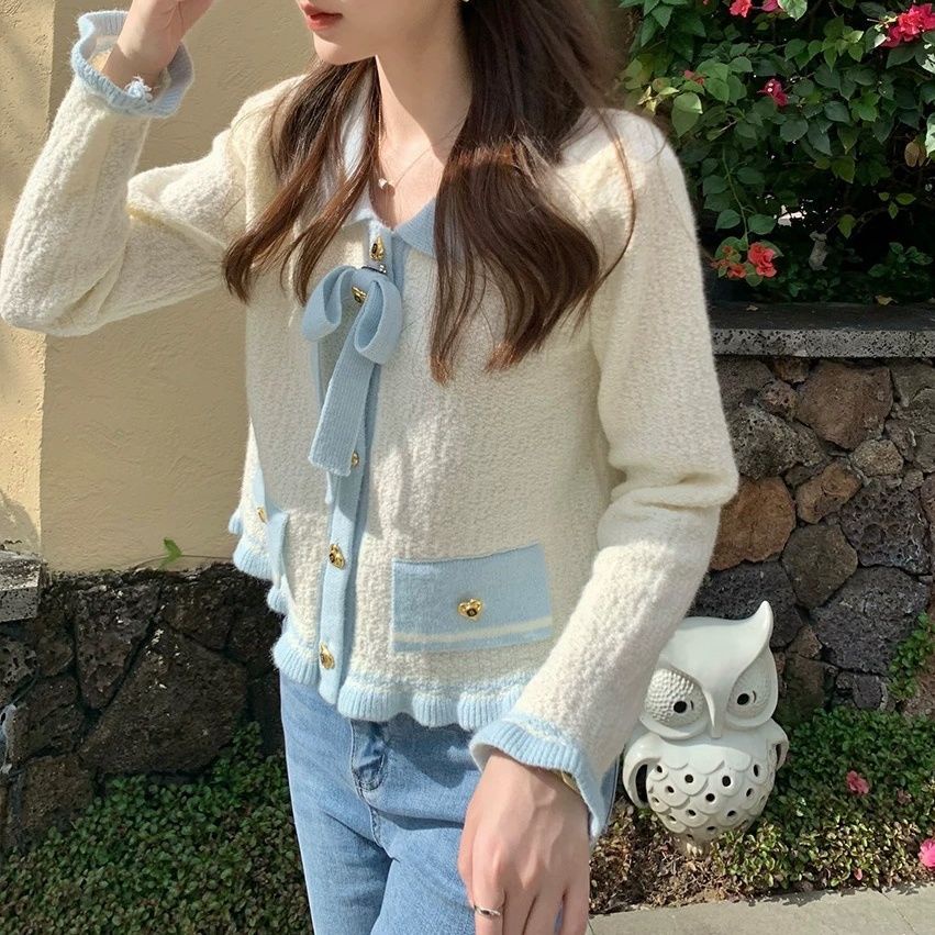 Áo Khoác Cardigan Dệt Kim Phối Nơ Màu Sắc Tương Phản Xinh Xắn Cho Nữ  tao bao