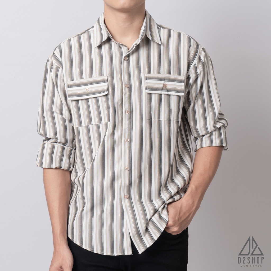 Áo sơ mi D2shop, áo sơ mi nam dài tay vải lụa kẻ sọc, 2 túi [SM310]