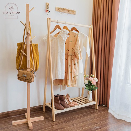 Cây treo quần áo đứng bằng gỗ thông - Standing Hanger - Kệ sào treo đồ đứng Nội thất kiểu Hàn lắp ráp