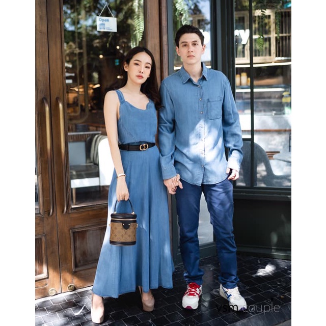 Đồ đôi nam nữ chất jean sang trọng đầm maxi phối cùng sơ mi nam