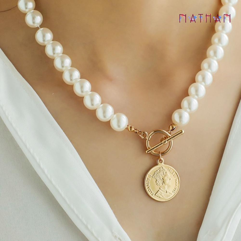 Nathan Elegant Chain Pearl Necklace Women Portrait Coin Pendants Choker Jewelry