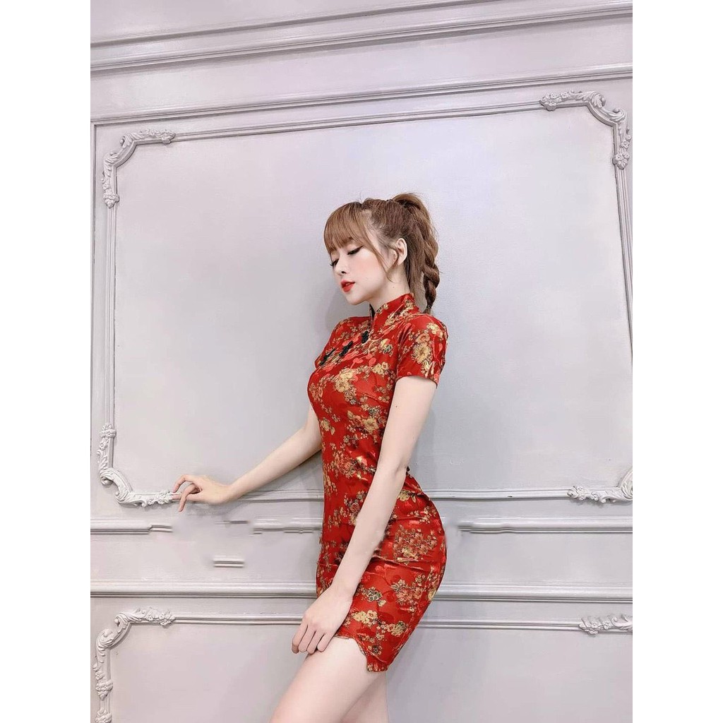 Sườn Xám Siêu Xinh Ôm Body Trẻ Trung, Họa Tiết Hoa Văn Màu Đỏ Thanh Xuân - Winchois