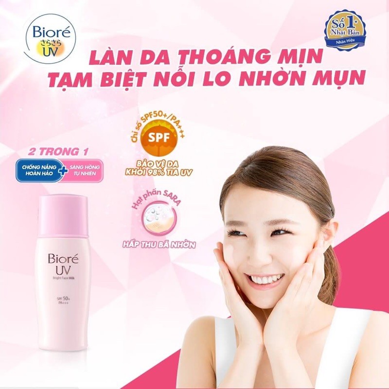 Sữa Chống Nắng Dưỡng Da Sáng Hồng SPF50+ PA+++ UV Bright Face Milk Bright Skin Bioré 30ml